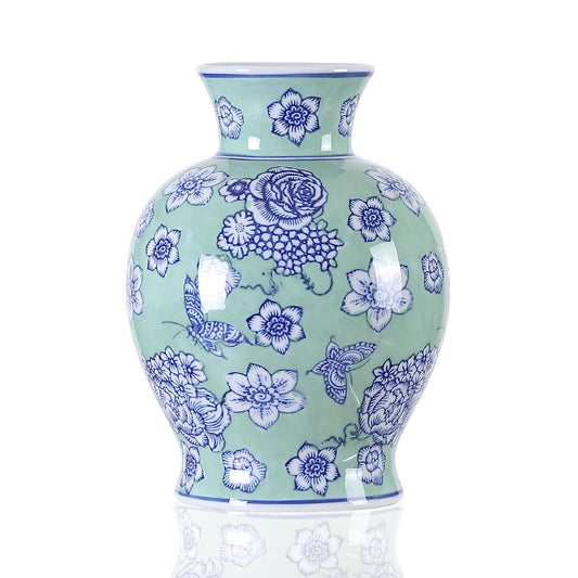 YJSQOEOE Vintage Chinoiserie Floral Ceramic Vase, Large Rustic Pottery Vases for Living Room, Entryway, Dining Table Centerpiece, Farmhouse Home Décor, Floor or Tabletop Flower Vase, (Green)