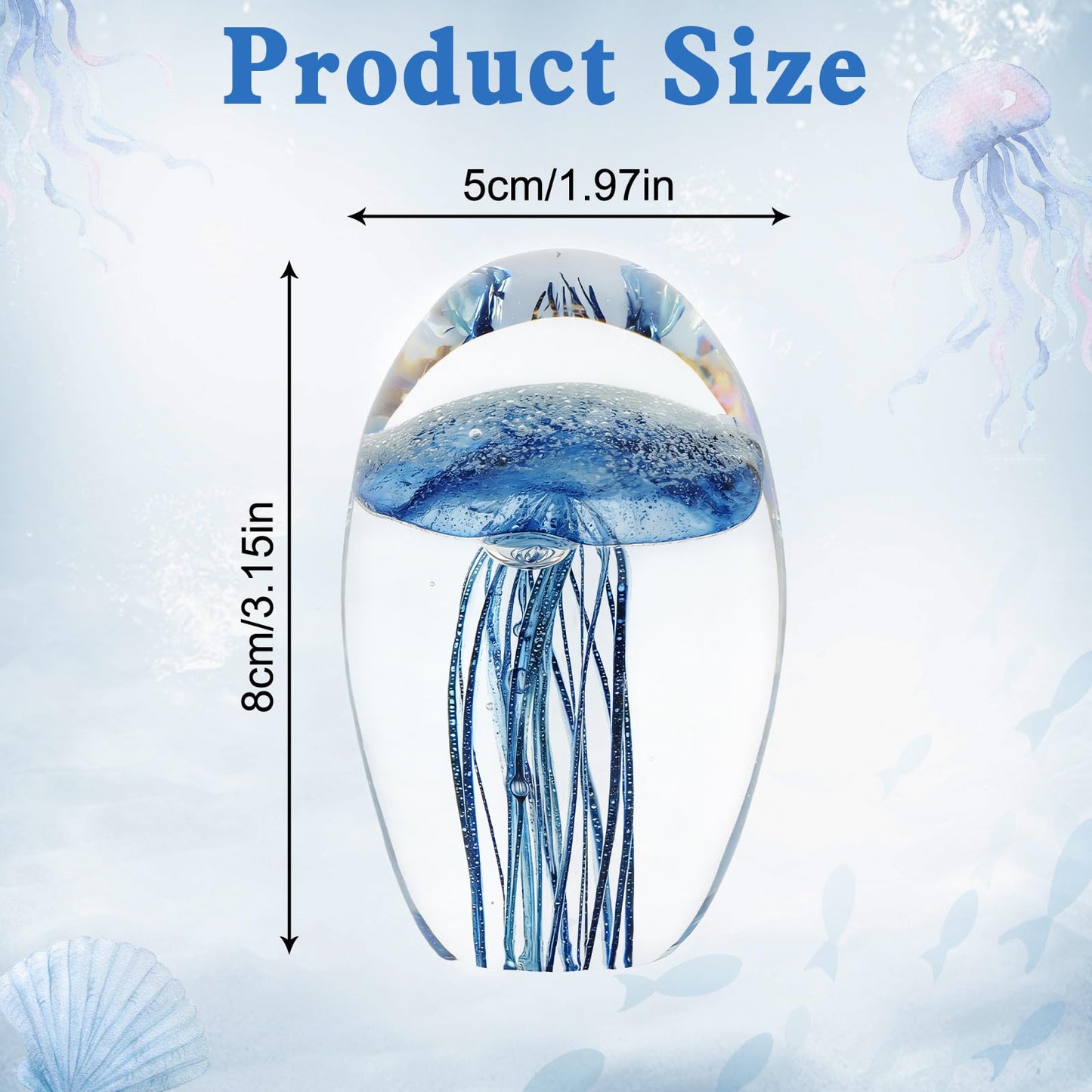 Lovmeety Glass Jellyfish Paperweight, Hand Blown Glass Jellyfish Figurine Sea Creature Paperweight Art Decoration for Home Room Office Party