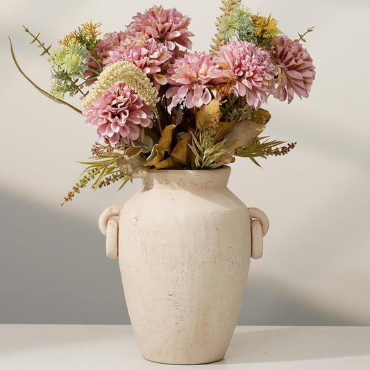 9.45 Inch Tall Vintage Ceramic Flower Vase with Handles, Rustic Farmhouse Vase for Home Decor, Distressed Decorative Terracotta Vase for Table Centerpiece Entryway Living Room Bedroom (M)
