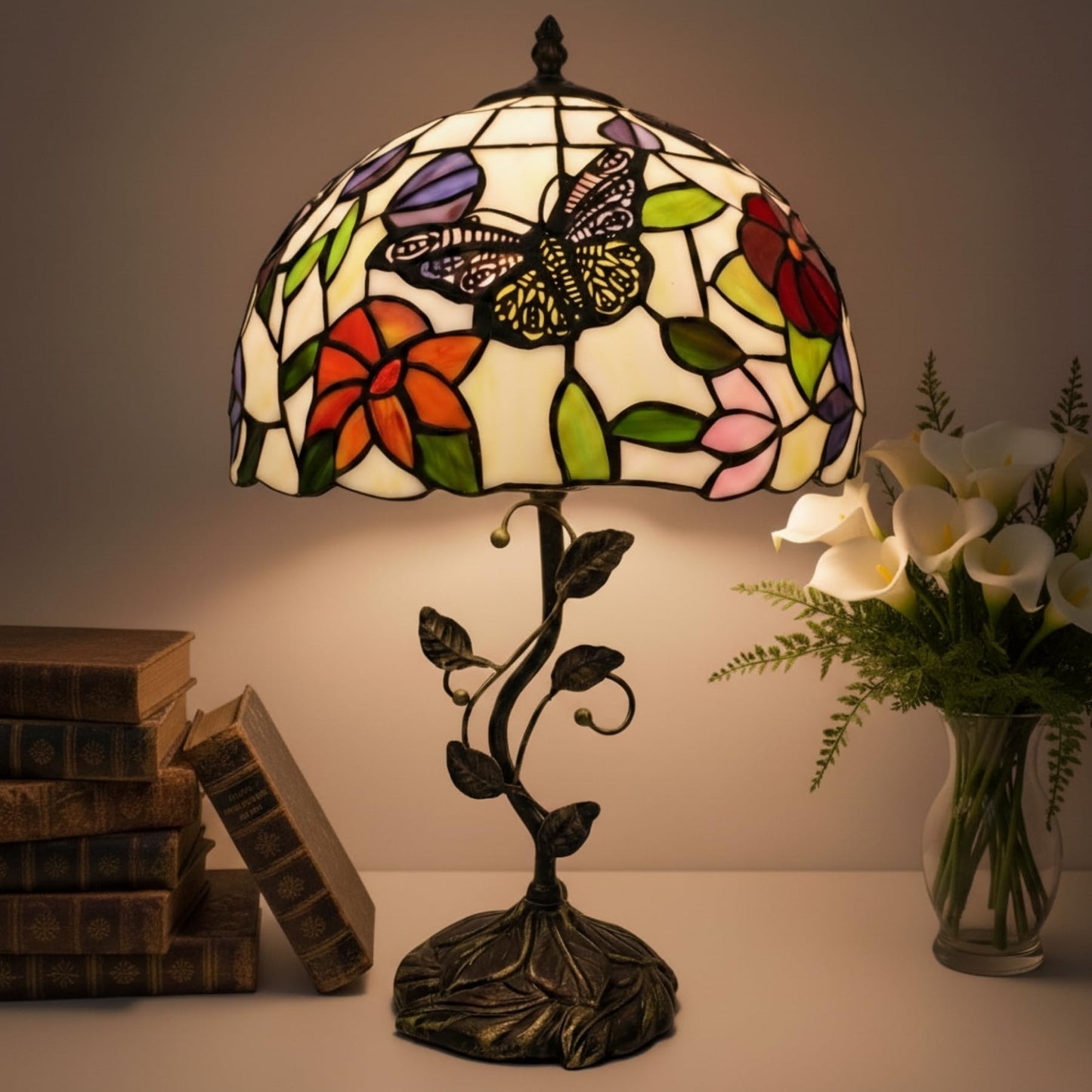 3EShinesys Tiffany Table Lamp, 12" Butterfly Flower Handmade Stained Glass Lamp Shade, Vintage Reading Light for Bedroom Living Room, LED Bulb Included