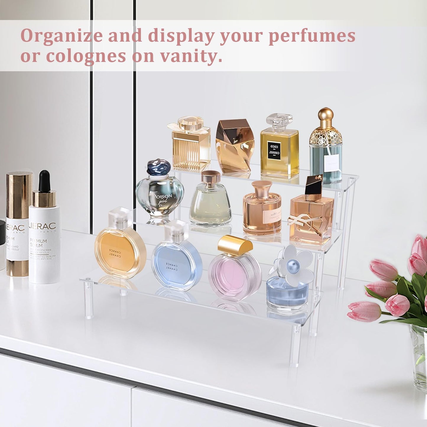AZEAM Acrylic Riser,2 Pcs Clear Display Risers Stand Cologne Organizer Acrylic Shelves 3 Tier Shelf for Amiibo Funko POP Figures Cupcake Food Desserts Holder Perfume Collection Cosmetic Product