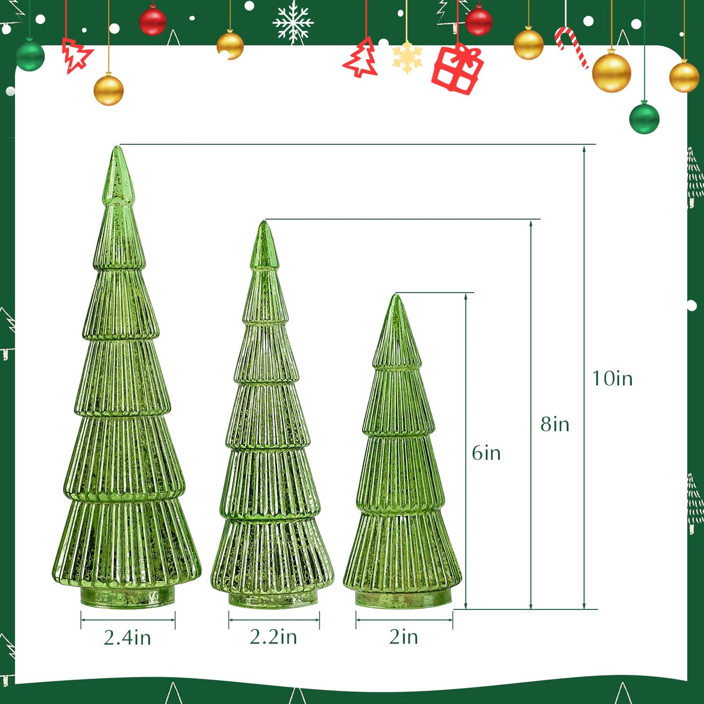 Pawliss Glass Christmas Tree Figures: 3pcs Green Artificial Glass Tree Tabletop Centerpiece Figurines, Crystal Finish Tree Table Ornaments, Classic Gifts for Winter Christmas Decorations for The Home