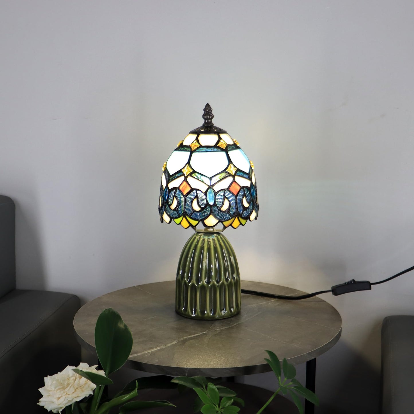 HTDSC Tiffany Stained Glass Table Lamp Blue Crystal Baroque 12.5 Inch