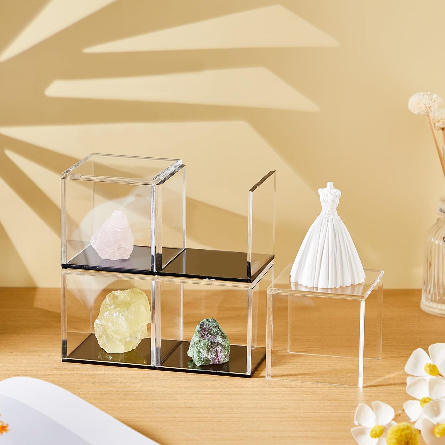 Jetec 4 Pcs Clear Acrylic Boxes for Collectibles Display, 3x3x3 Inches Plastic Clear Small Acrylic Box for Storage, Dustproof Protection Showcase Container with Black Base for Rock Coral Minerals