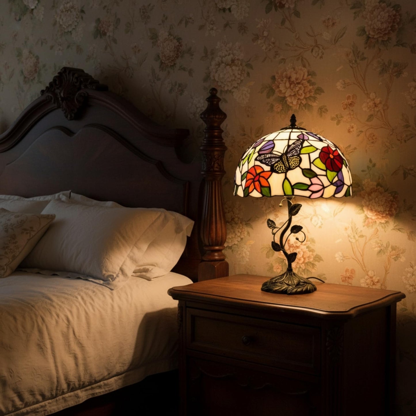 3EShinesys Tiffany Table Lamp, 12" Butterfly Flower Handmade Stained Glass Lamp Shade, Vintage Reading Light for Bedroom Living Room, LED Bulb Included