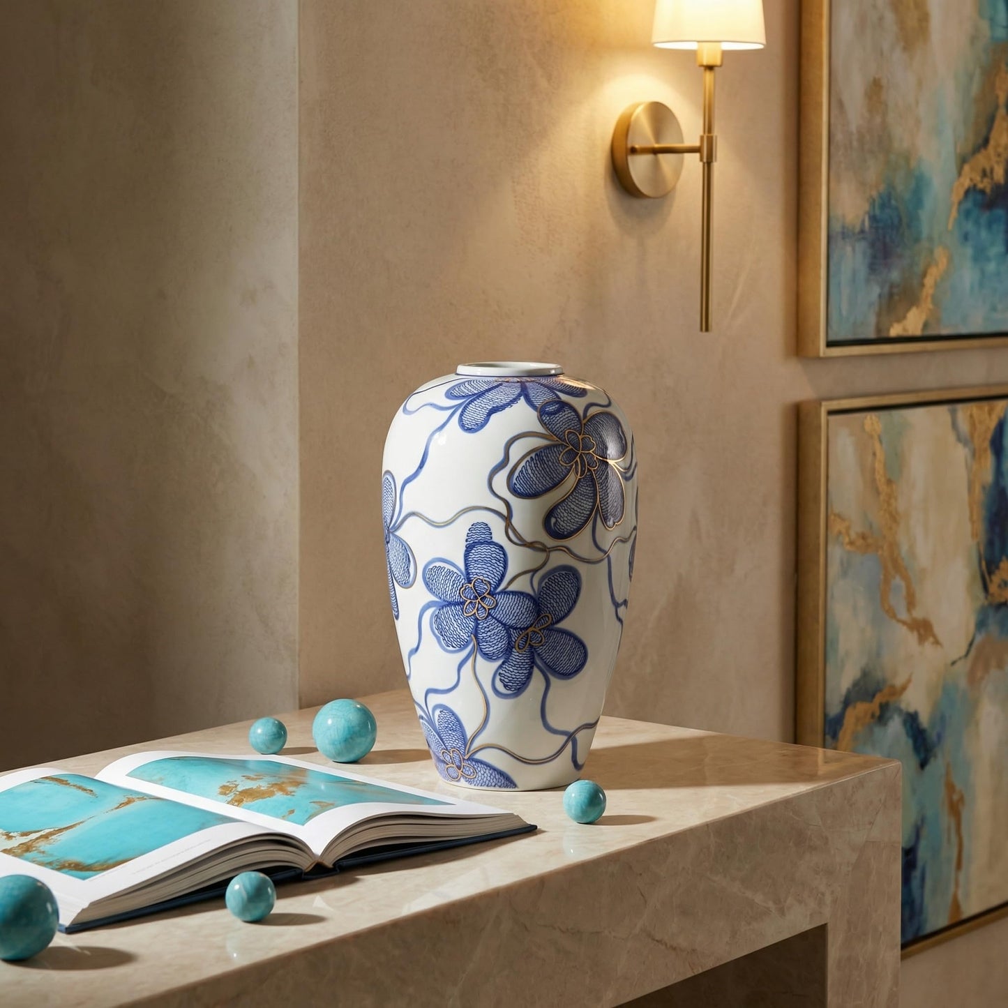 Blue and White Ceramic Vase for Home Decor – Hand-Painted Porcelain Flower Vase with Gold Accents – Chinoiserie-Inspired Home Decor Vase – 11" for Table, Shelf, or Mantel