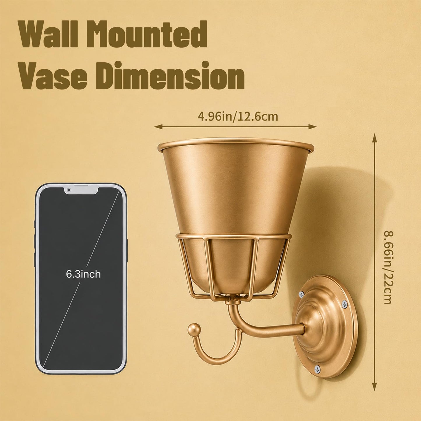 Gold Wall Vase for Flowers, Boho Metal Hanging Vessel, Versatile Organizer Wall Decor for Home Living Room, Bedroom, Bathroom & Kitchen, Office
