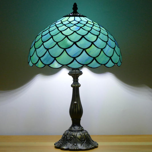 WFAYNTIFL Tiffany Table Lamp Stained Glass Fishscale Style W12H19 Inch