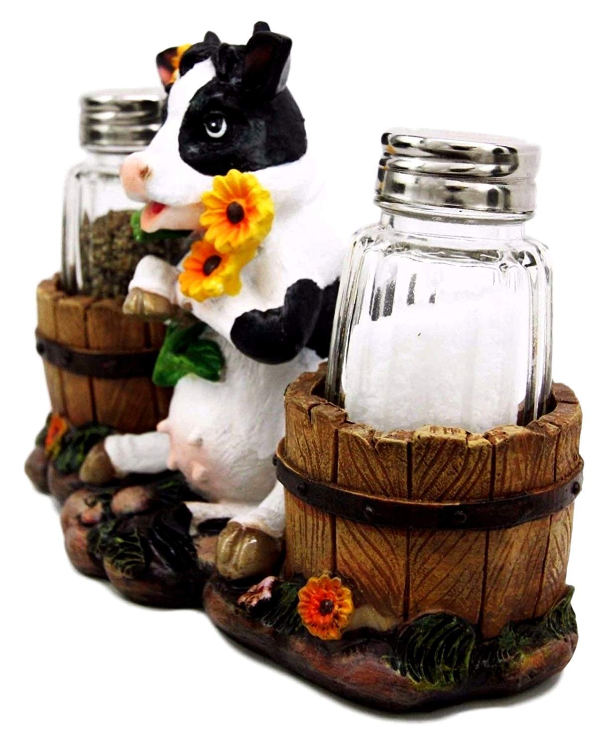Ebros Set Of 2 Sunflower Bovine Cow With Two Country Barrels Decorative Glass Salt And Pepper Shakers Holder Resin Figurine Milking Cow Country Barrel Statue Kitchen Decor