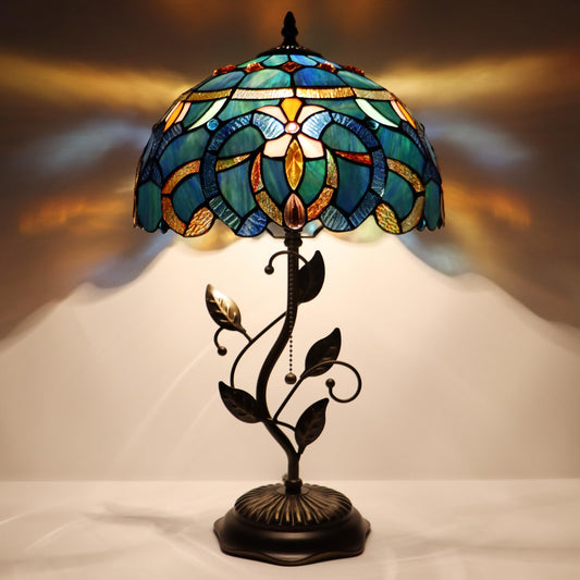 LXHCYOU Tiffany Table Lamp, Stained Glass Desk Light, W12H19 Inch, Metal Leaf Base (Blue Baroque Style)