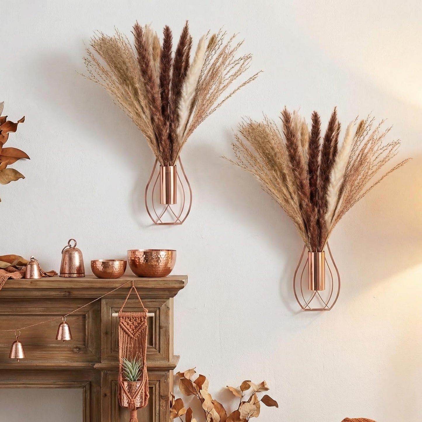 Otoolling Boho Wall Decor Set of 2 – Metal Hanging Wall Art with Faux Pampas or Eucalyptus,Minimalist Bohemian Accent for Living Room, Bedroom, Entryway(Rose Gold,Pampas)