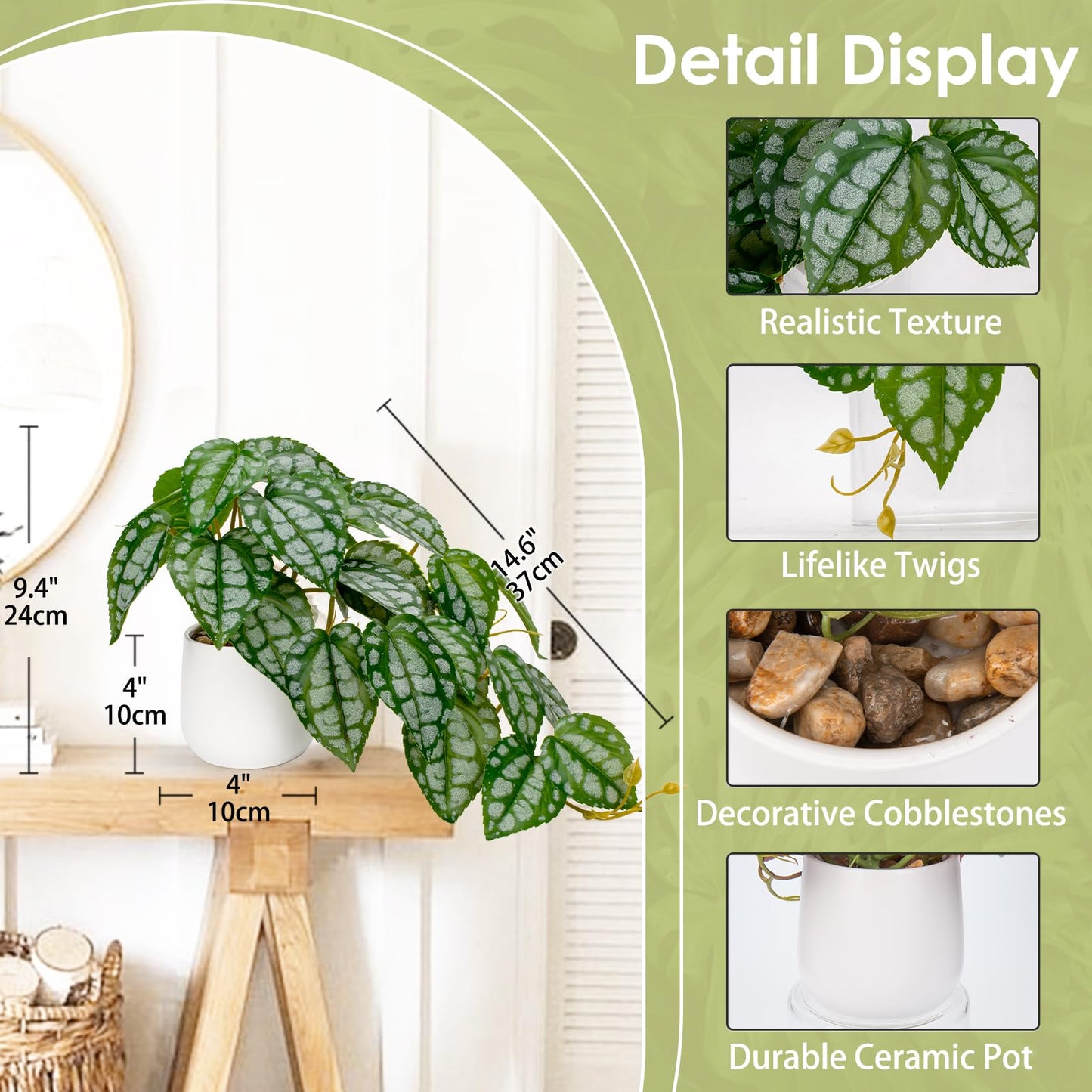 DILATATA Fake Plants Indoor 8 Inch Artificial Watermelon Plant in White Ceramic Pot - Faux Potted Pothos Plant for Home Aesthetic Decor Living Room Shelf Office