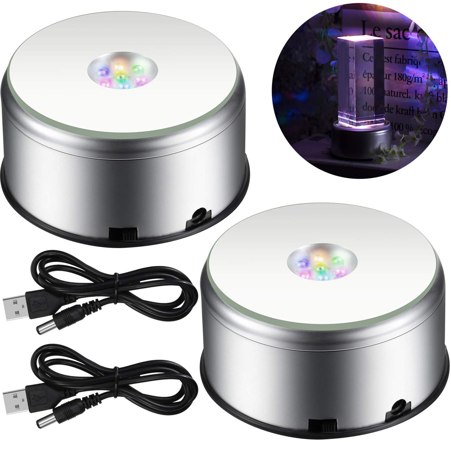 Mudder 2 Pcs 7 LED Rotating Display Stand with USB Cable, 360 Degree Colorful Crystal Display Base Spinner, Cup Turner Platform for Tumbler, Crystal Glass, Jewelry, Art Craft Gift