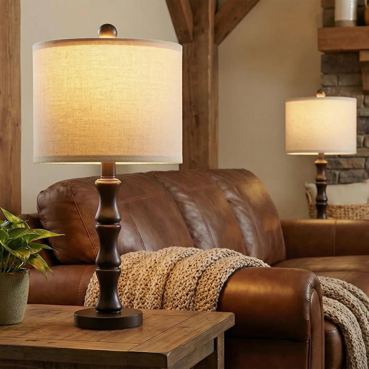 BOBOMOMO 20.5" Classic Table Lamps Set of 2, Farmhouse Nightstand Lamps with Dark Wood Grain Resin Base & Linen Shade, Small Bedside Lamps for Bedroom, Living Room, Home Office & Cozy Apartment Décor