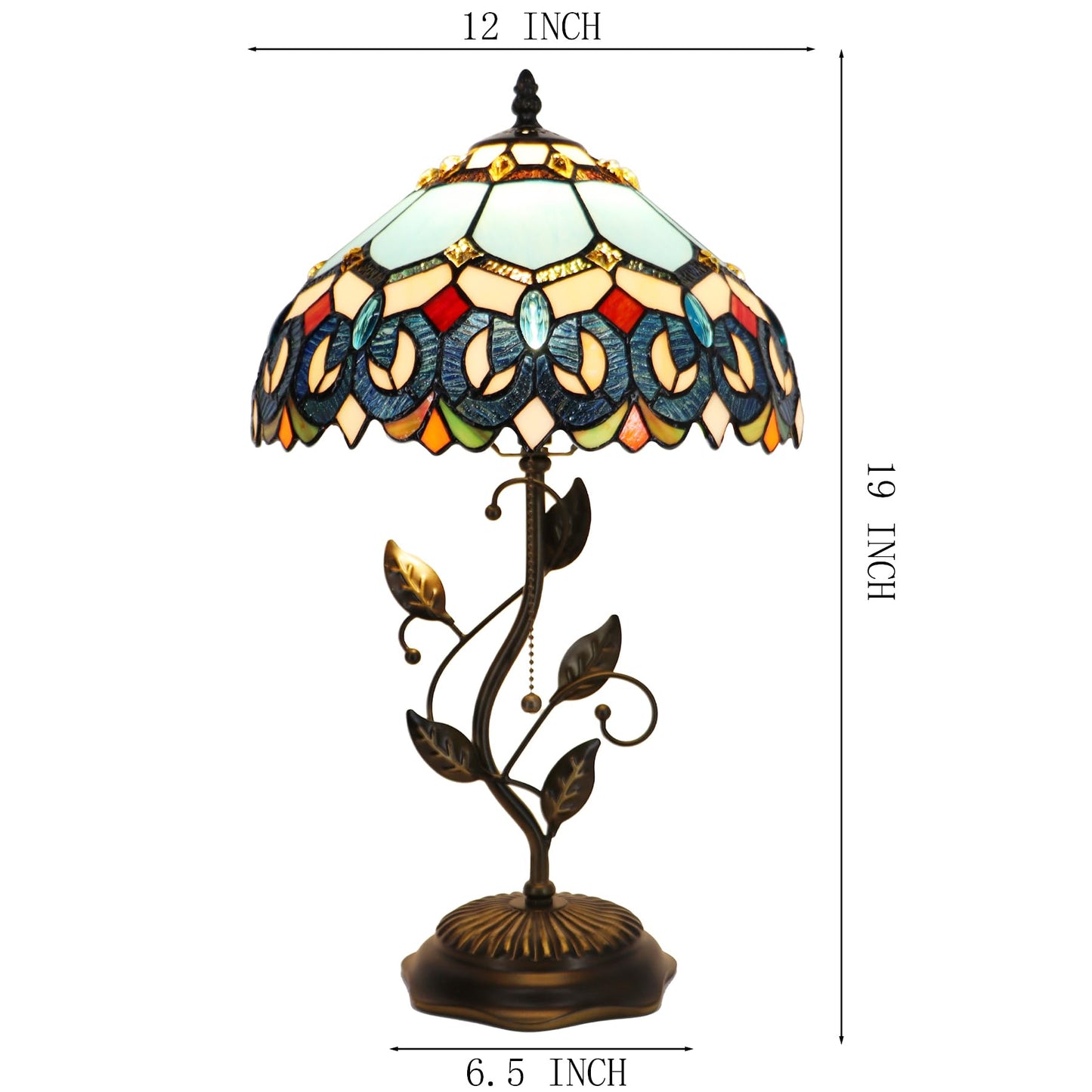 LXHCYOU Tiffany Table Lamp, Stained Glass Desk Light, W12H19 Inch, Metal Leaf Base (Sapphire Style)