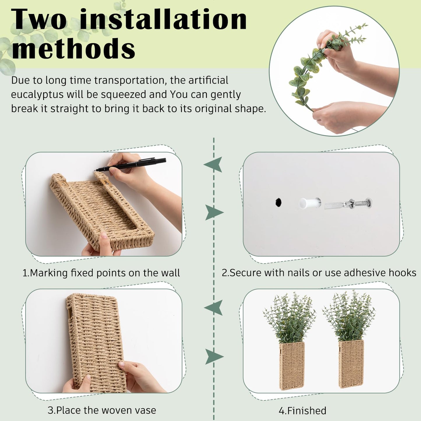 Ferrochef 2 Pack Woven Wall Vase with Artificial Eucalyptus Boho Wall Basket Hanging Decor Rustic Pocket Planter Flower Vase for Indoor Living Room Bedroom Home Office Kitchen Decoration