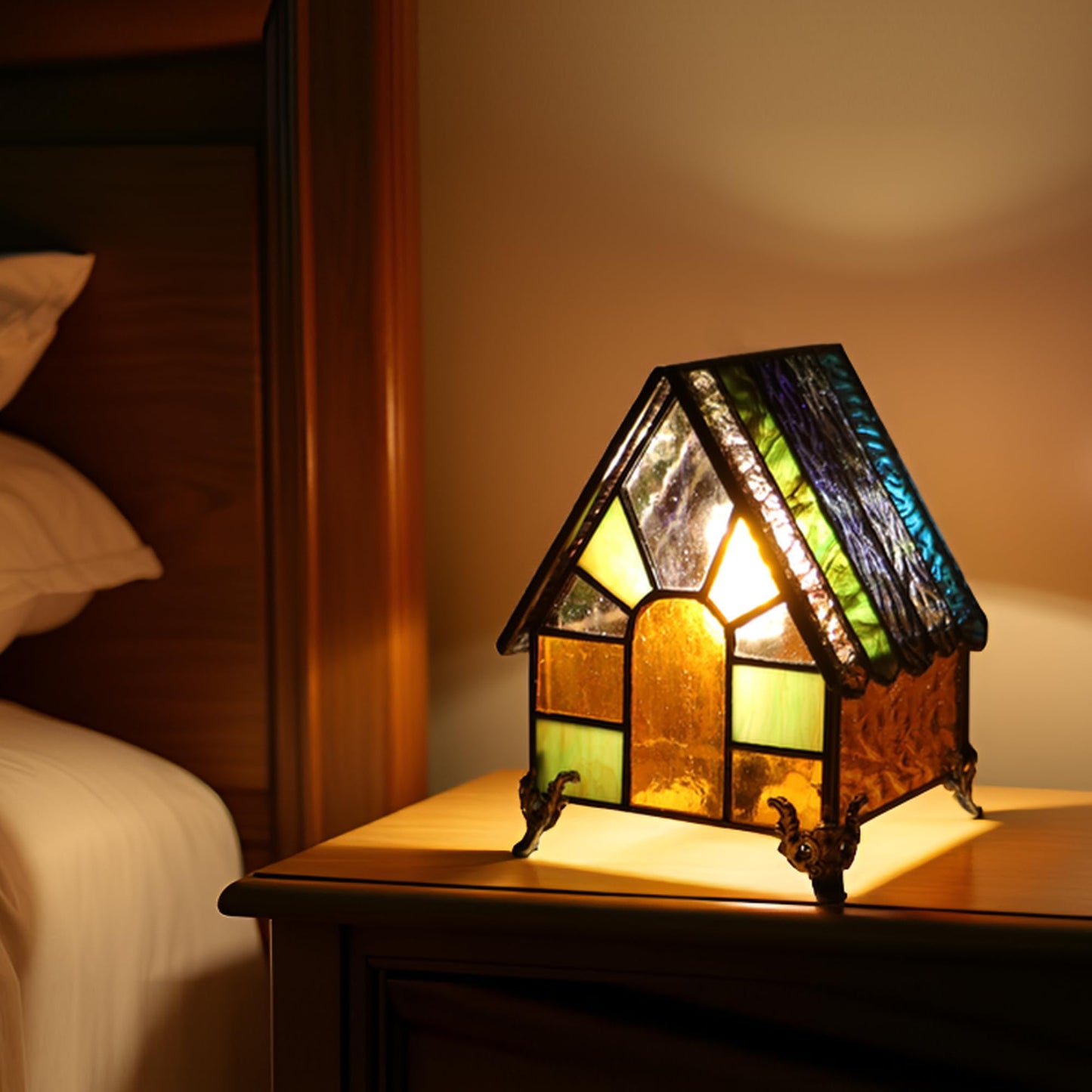 HWDFEI Small Tiffany Stained Glass Style Mini Lighthouse Table Lamp, Retro Decorative Lamp, Suitable for Bedroom Office Home Decoration 4.2X 4.2X 5.8(Blue Orange)