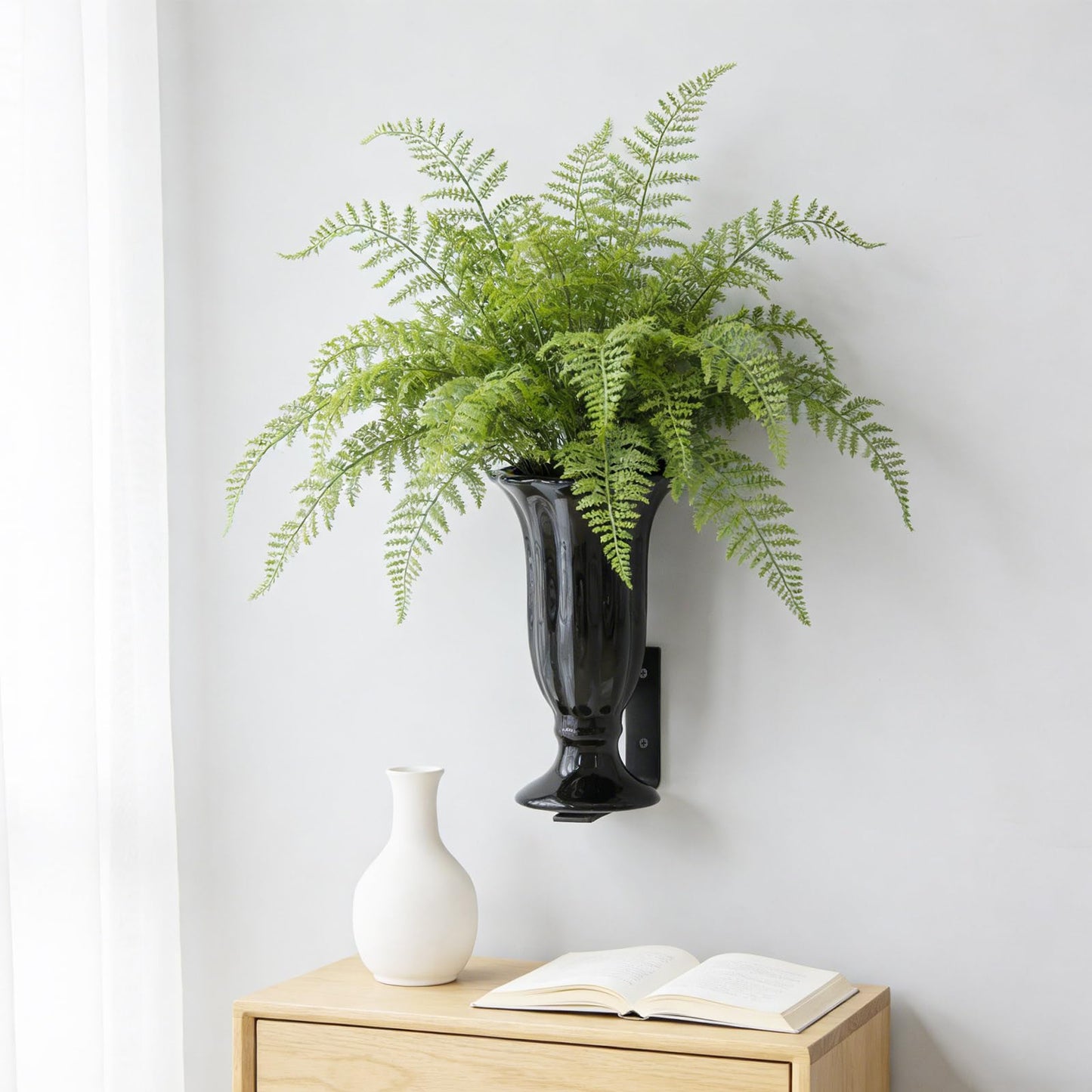 Modern Floating Wall Vase - Matte Black Ceramic Flower Vase with L-Shaped Metal Bracket - Minimalist Wall Mounted Planter for Fresh or Dried Flowers, Home Decor for Living Room, Bedroom, Entryway
