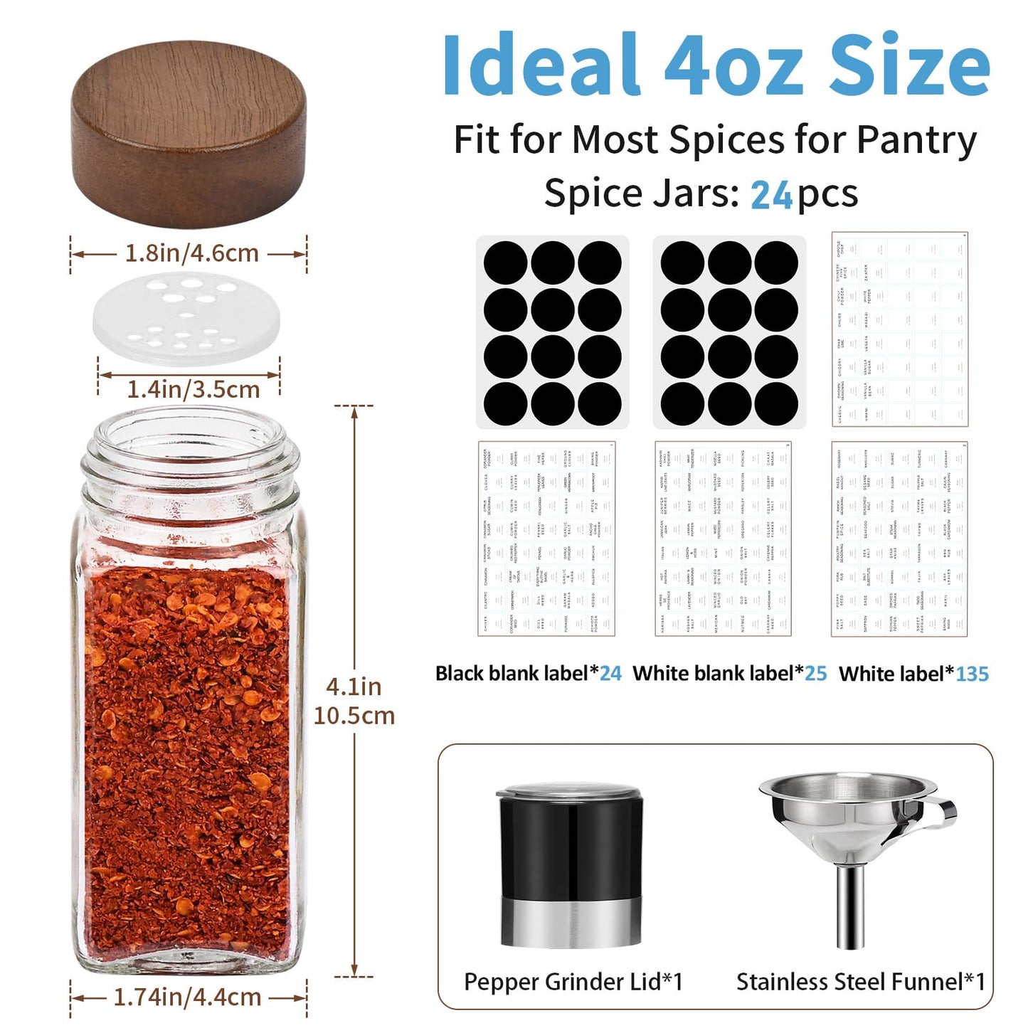 Yangbaga Glass Spice Containers for Kitchen: 24P 4oz Square Jars w/2p Rack