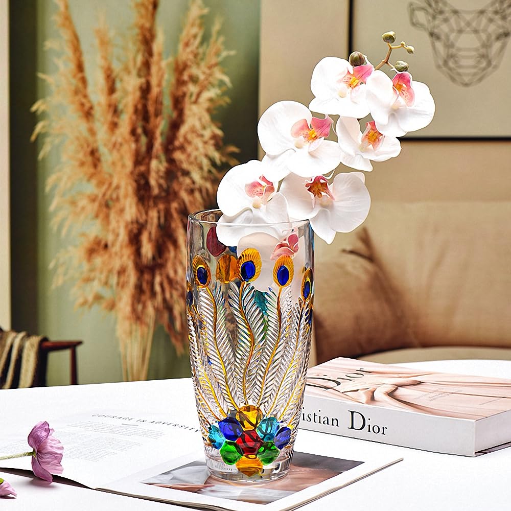 Unique Hand Painted Colorful Peacock Shaped Crystal Glass Vase-11 inch Tall. (Hand Painted Colorful)