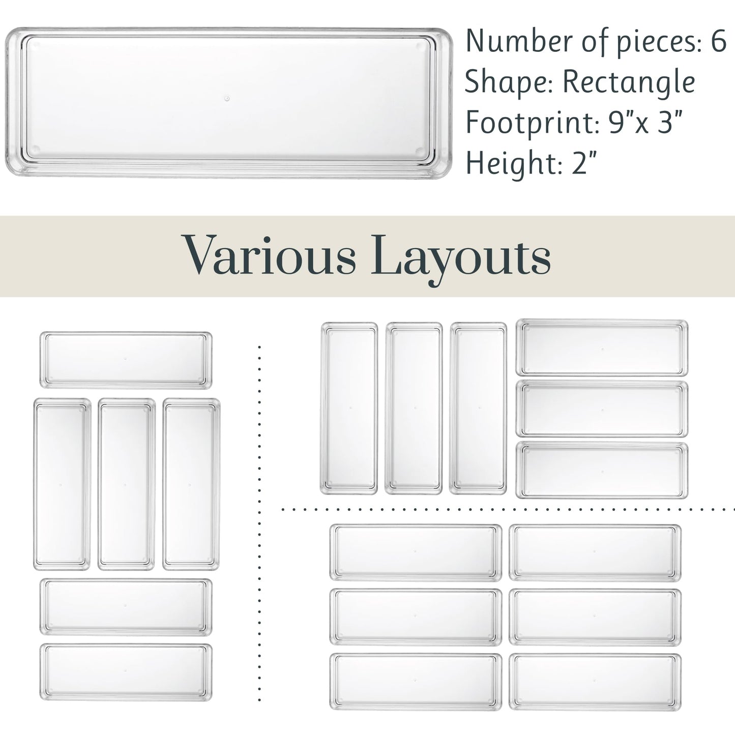 STORi SimpleSort 6-Piece Stackable Clear Drawer Organizer Set | 9" x 3" x 2" Rectangle Trays | Narrow Makeup Vanity Storage Bins and Office Desk Drawer Dividers | Made in USA