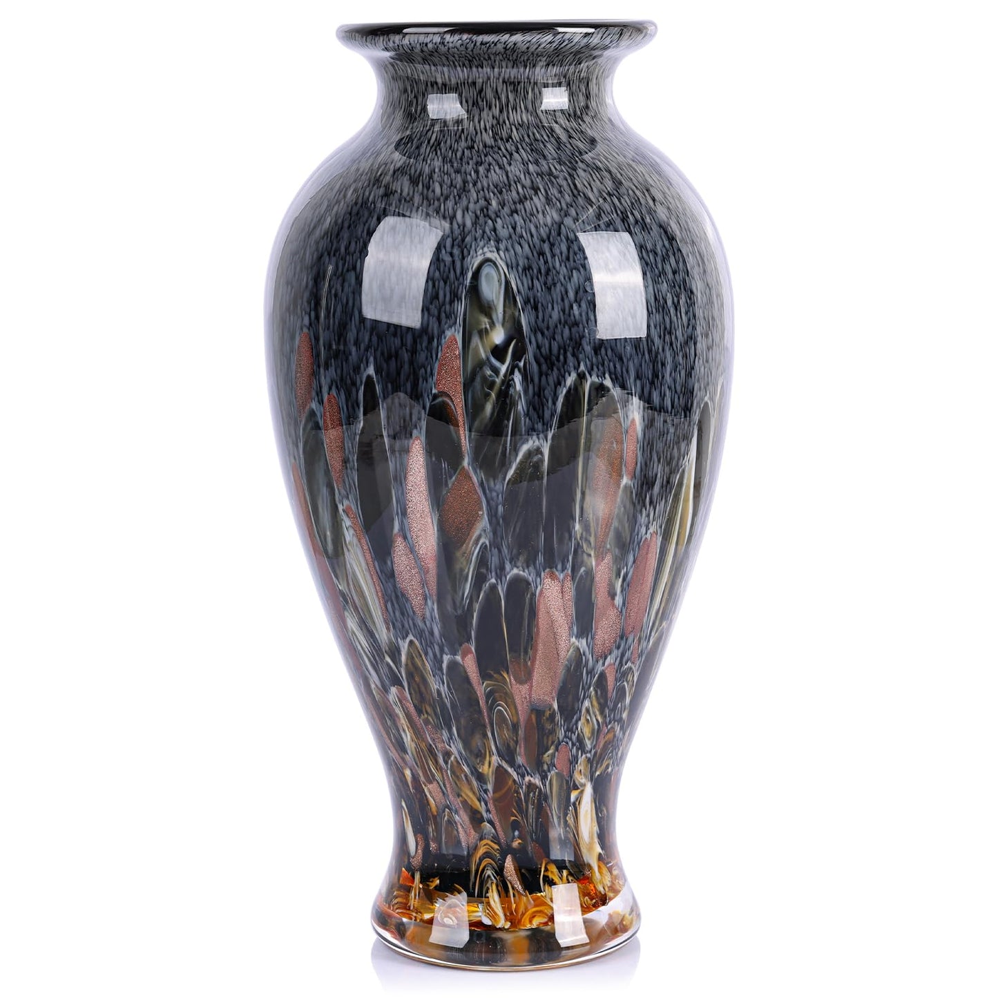 Hand Blown Glass Vase 11.8" Tall Beautiful Amber Blue Sea Wide Mouth Bud Vase for Table Centerpiece, Painted Colorful Murano Glass Flower Vases for - Home Entrance Wedding Center