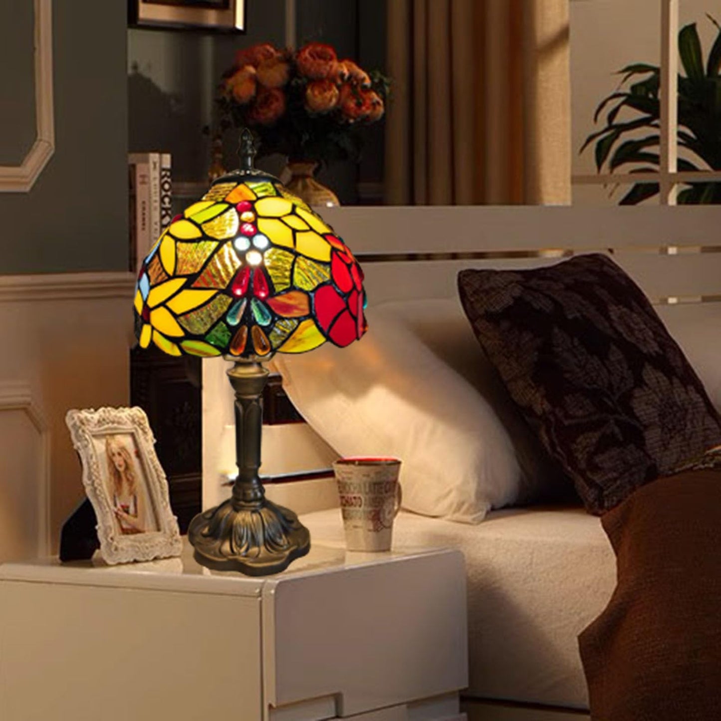 tuomoxte Tiffany Small Table Lamp for Bedroom Set of 2,Bedside Nightstand Lamp Rose Flower Grape Stained Glass Table Lamps for Living Room,3 Color Temperature Home Office Desk Lamp+LED Bulb