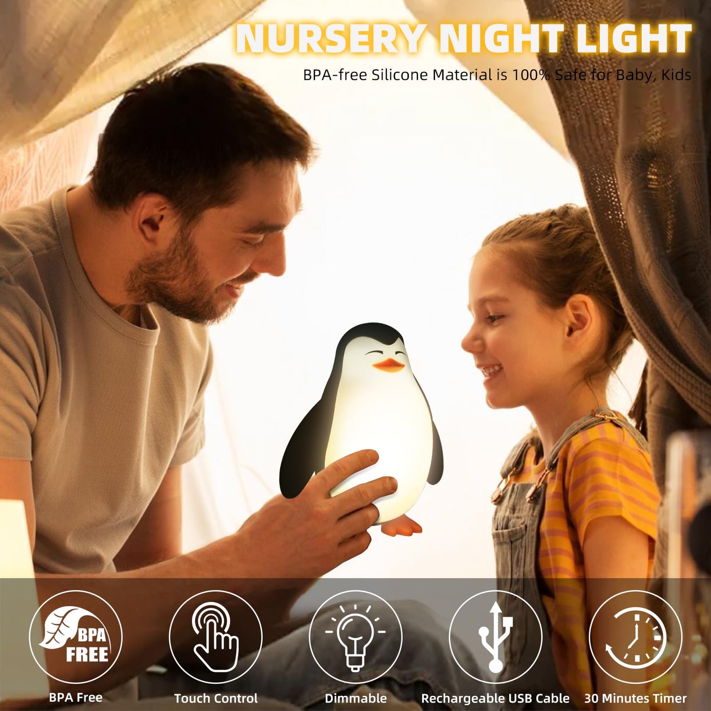 Tcamp Cute Penguin Night Light for Kids, 3 Level Dimmable Nursery Nightlight Lamp, Cute Silicone Squishy Lighted Penguin Tap Light, Rechargeable Bedside Touch Lamp for Toddler Baby