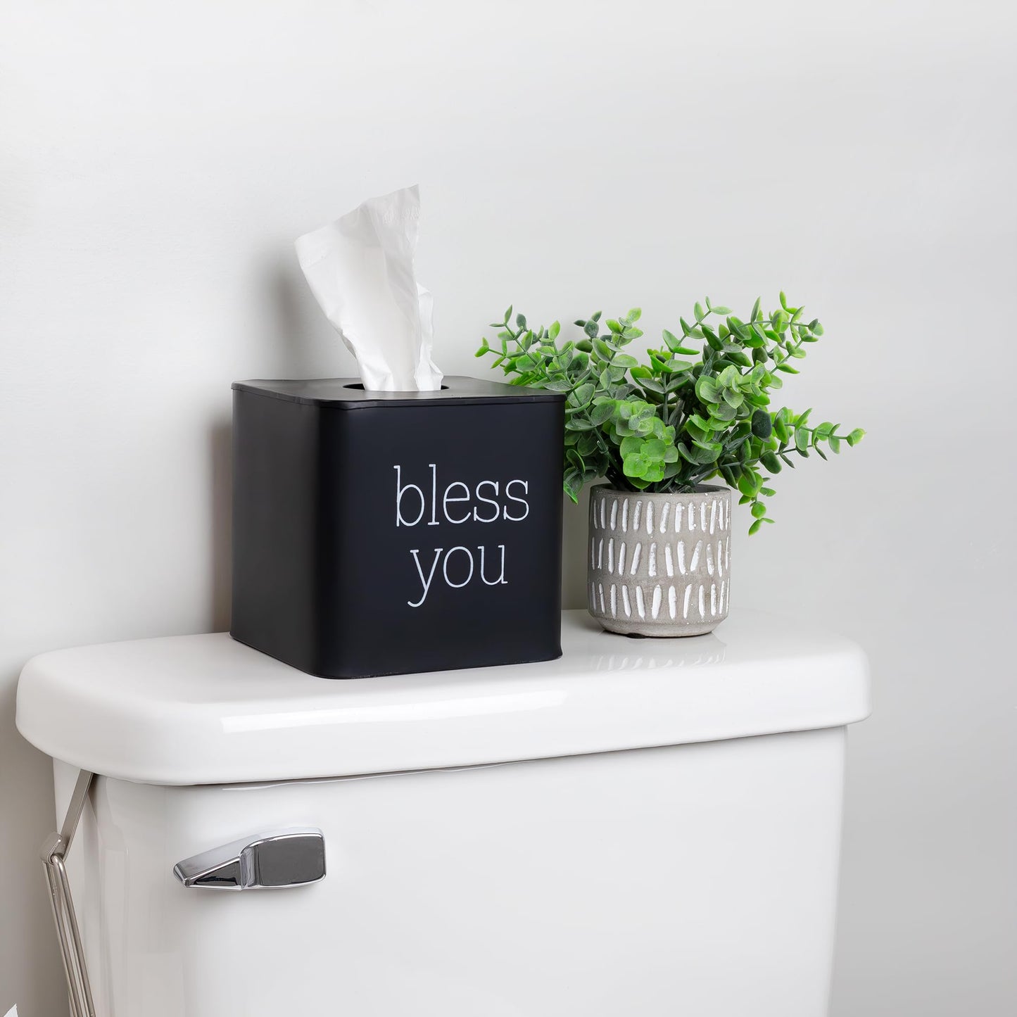 AuldHome Design Square Tissue Box Cover (Black); Modern Farmhouse Enamelware Tissue Holder