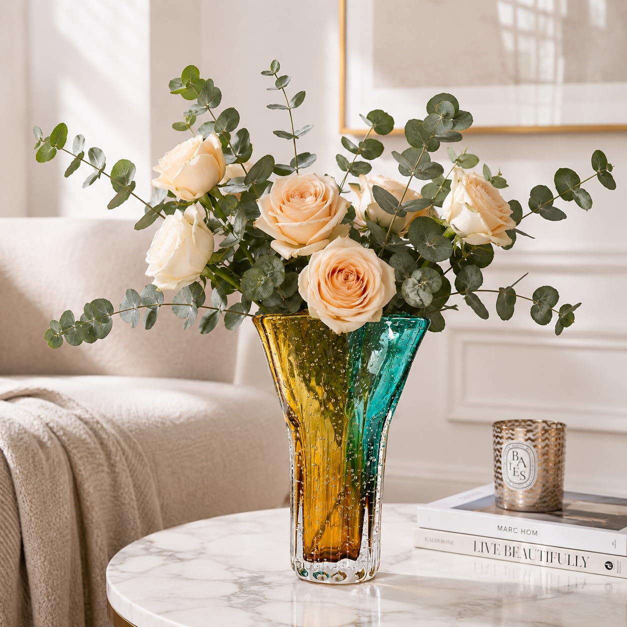 Art Glass Vase with Hand Blown Bubble Texture, Decorative Blue Amber Glass