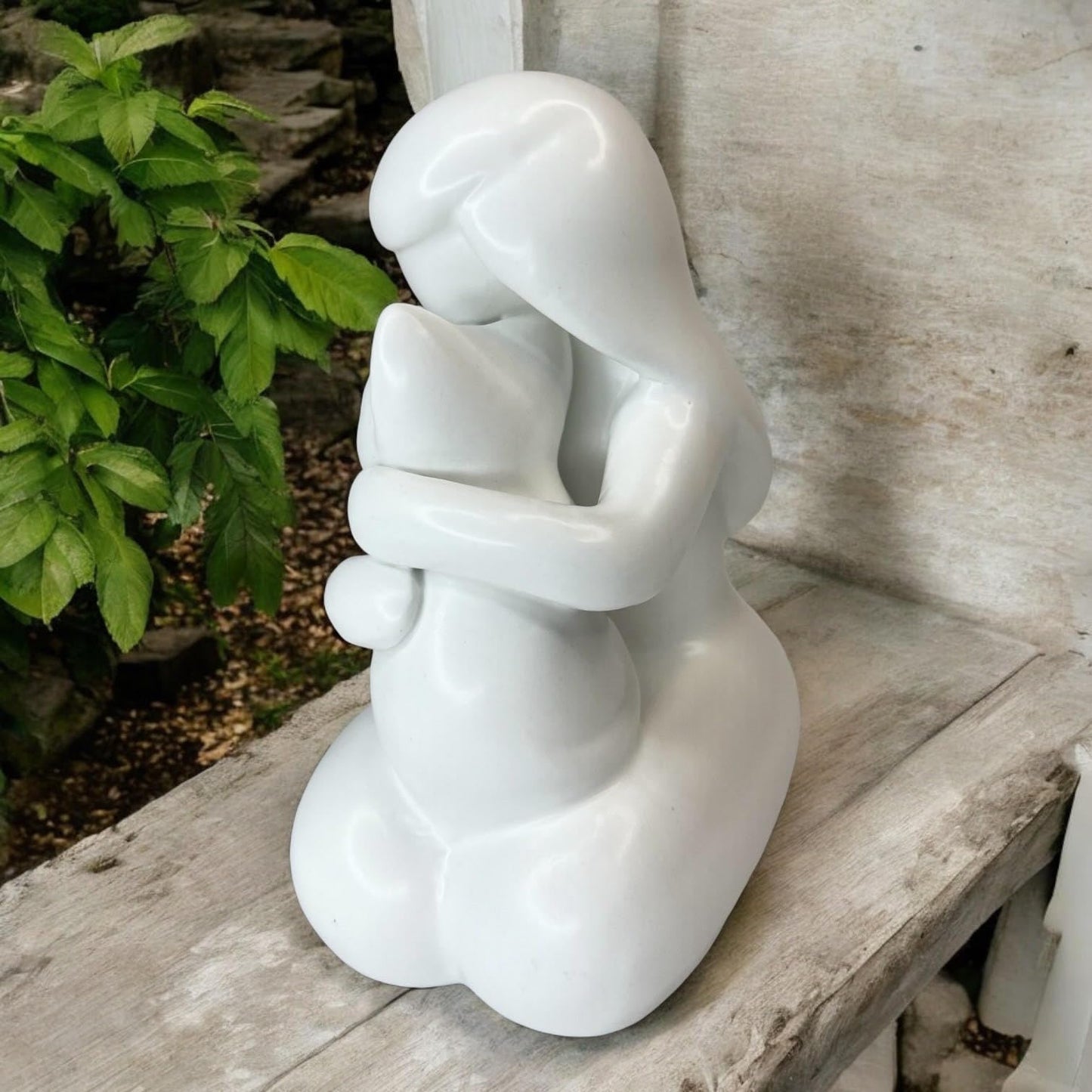 Top Brass Girl Hugging Cat Figurine/Kitty Love Statue – 5” Tall Ceramic Stoneware Simple Modern Pet Friendship Decor