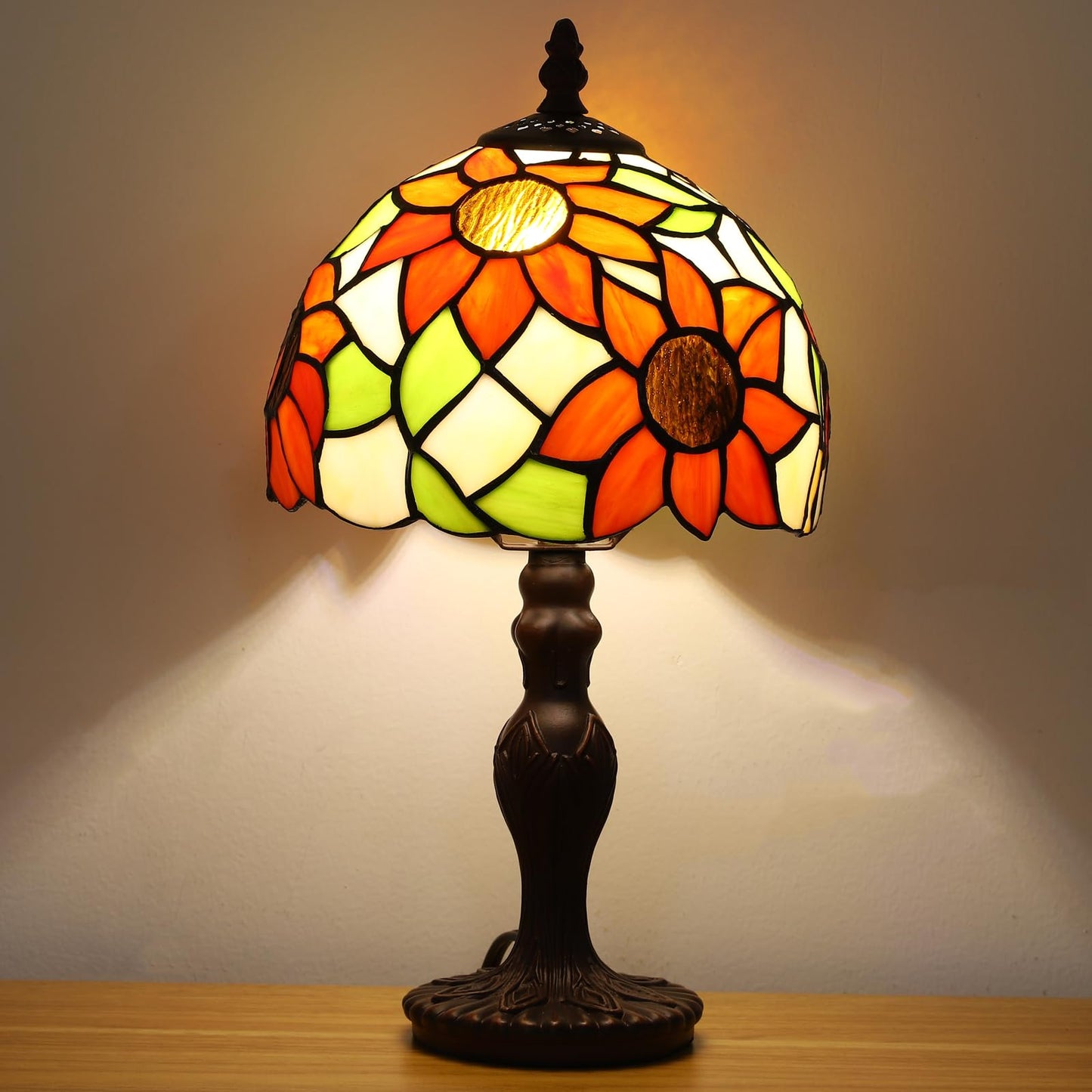 tuomoxte Tiffany Table Lamp,3 Color-Temperature Sunflower Stained Glass Lamp,8X8X15 Inch Small Accent Antique Nightstand Bedside Table Lamps for Bedroom Living Room Home Office Light +LED Bulb