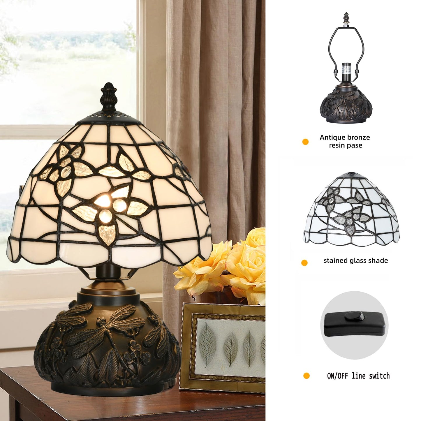 HomeBeauty TL0022 Small Tiffany Lamp,Stained Glass Lampshade Dragonfly Resin Base, Mini Desk Light for Bedside Nightstand, W8 X H11.8 Inch for Bedroom Living Room, LED Bulb Included (White Flowers)