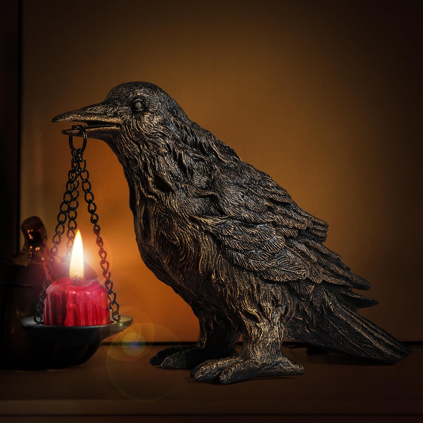 Gothic Home Decor Fake Crow Light Holder Raven Lamp Tealight Candle Holder Resin Statue Half Gold