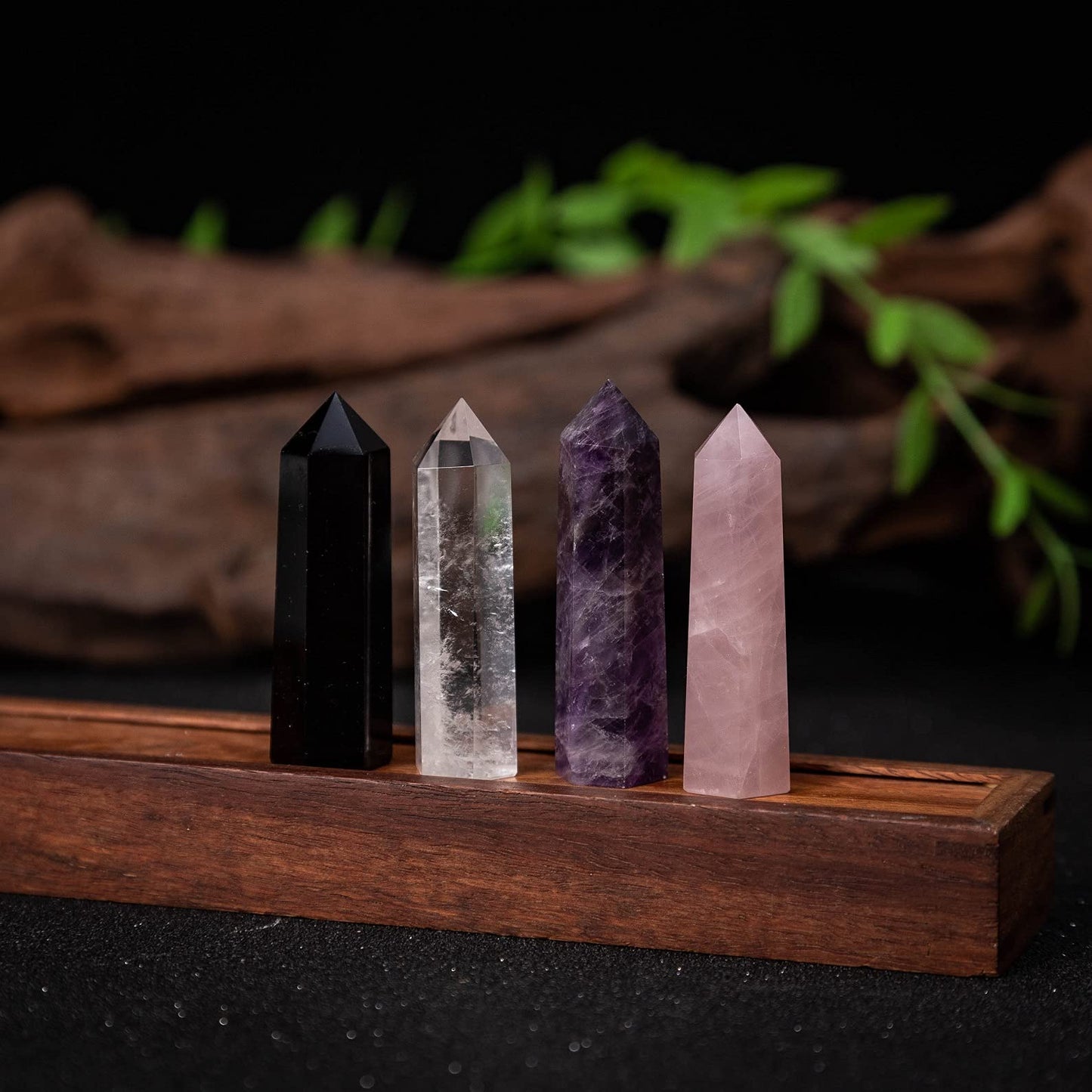 Luckeeper 3" Crystal Wands,6 Faceted Reiki Amethyst Crystal, Rose Quartz,Clear Quartz and Black Obsidian Crystal Quarz Points for Meditation Therapy