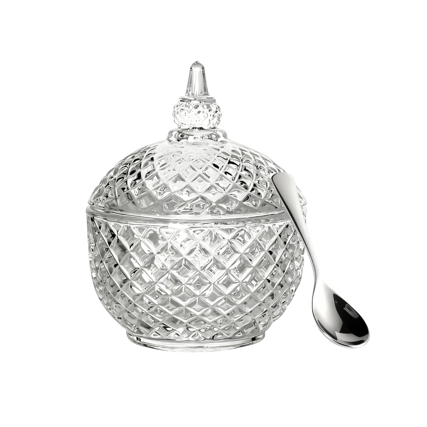 seicasaya 7 oz Crystal Glass Salt Cellar with Lid and Stainless Steel Spoon for Kitchen Seasoning (Ball shape)