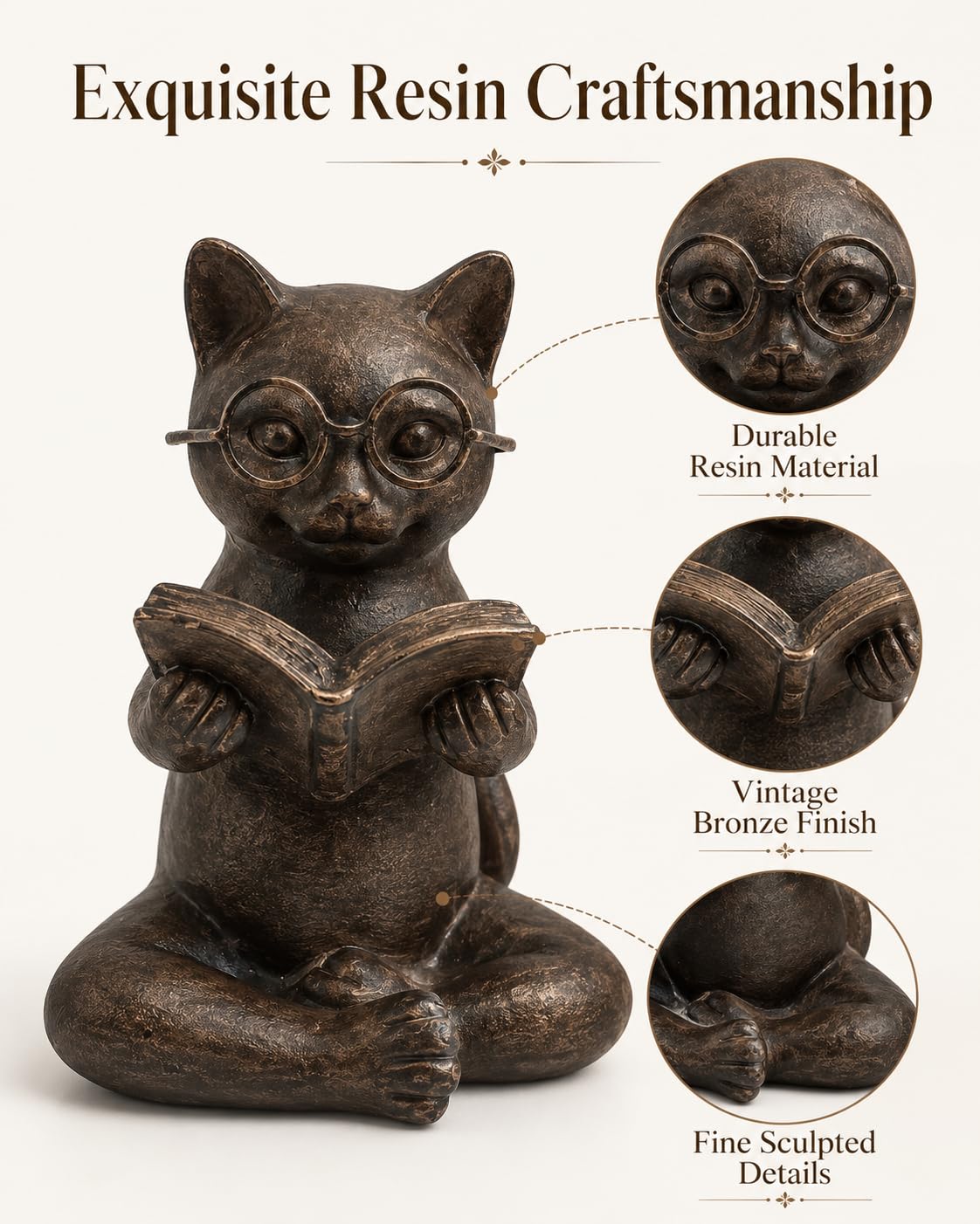 Bronze Cat Figurine Reading Book, Resin Home Décor Accents Statue with Glasses, Cute Tabletop Decor for Bookshelf Desk Office Library, Cat Lovers Gifts for Women Man Teacher Student (Reading Cat)