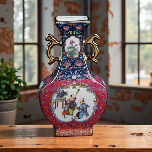 Kaolirra Antique Ceramic Vase - 9.8 Inch Enamel Porcelain Vase with Gold Trim, Chinese Purple Red Double-Handled Flat Ornament for Home Decor, Housewarming Gift, Collector's Art Piece