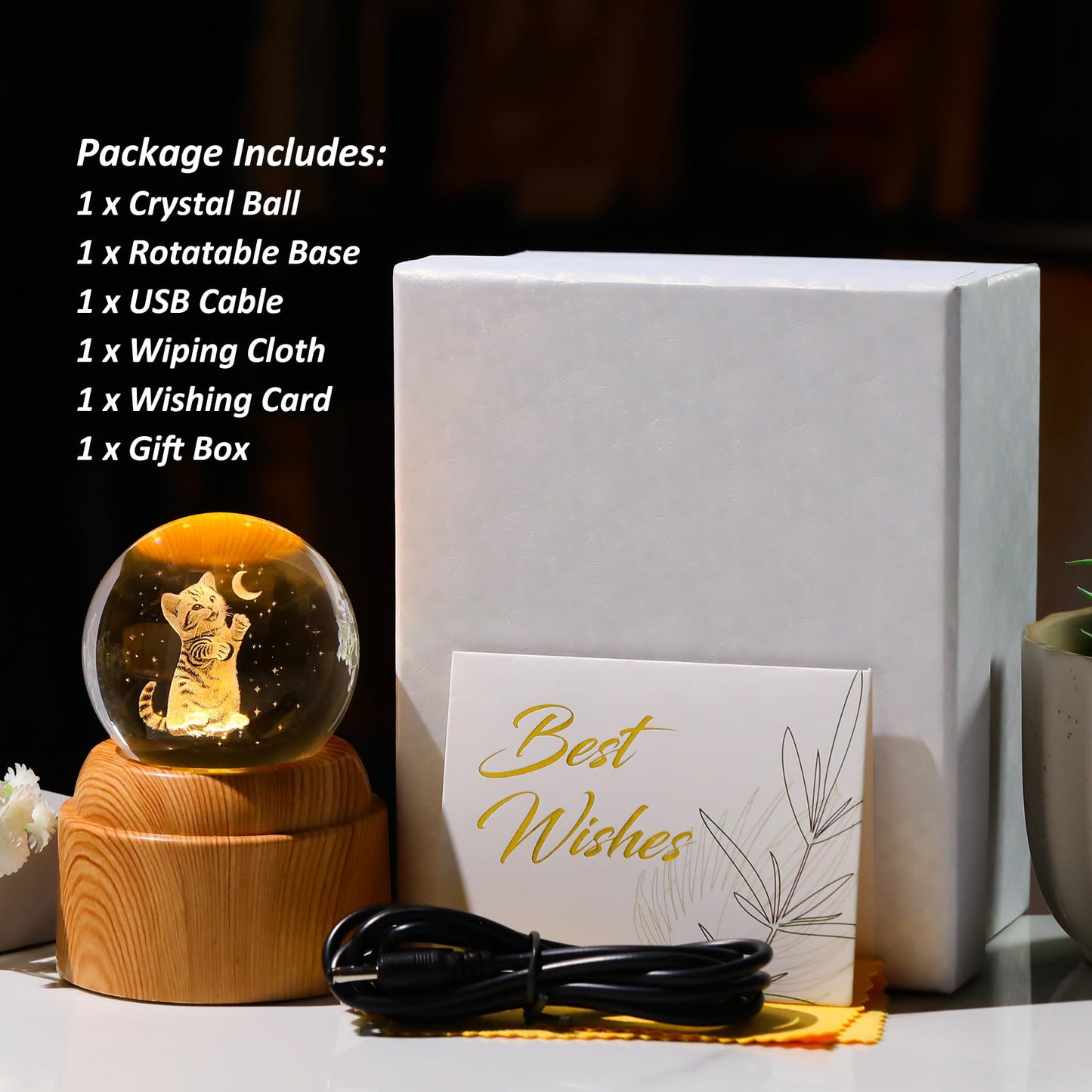 3D Cat Crystal Ball 2.36“ Engraved with Rotated Wood Base, Cat Lover Gifts for Women Girls Mothers Day Birthday Cats Decorative Globe Decor (Gifted Box)