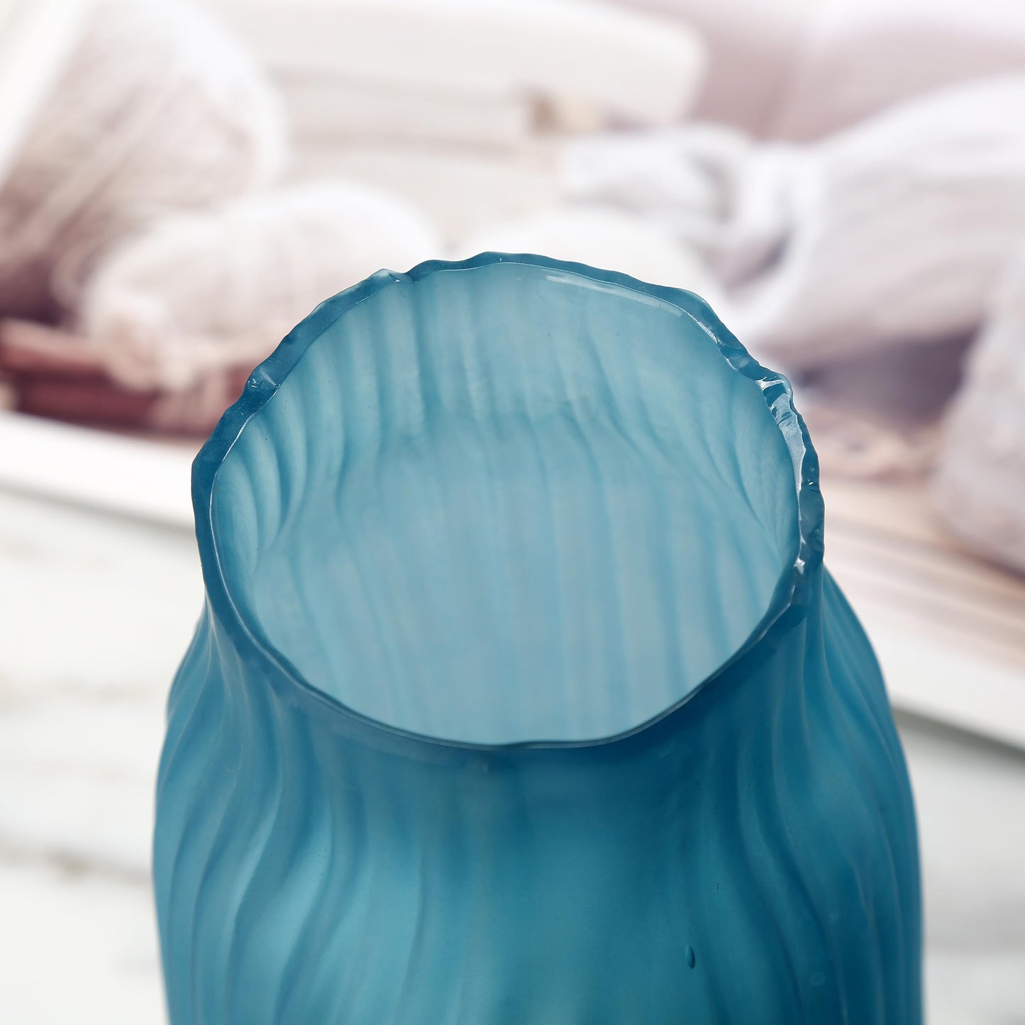 Frosted Blue Ribbed Glass Vase 8in Boho Elegant Decorative Vases for Home Flowers Arrangements, Centerpieces, Dinner Table and Modern Decor
