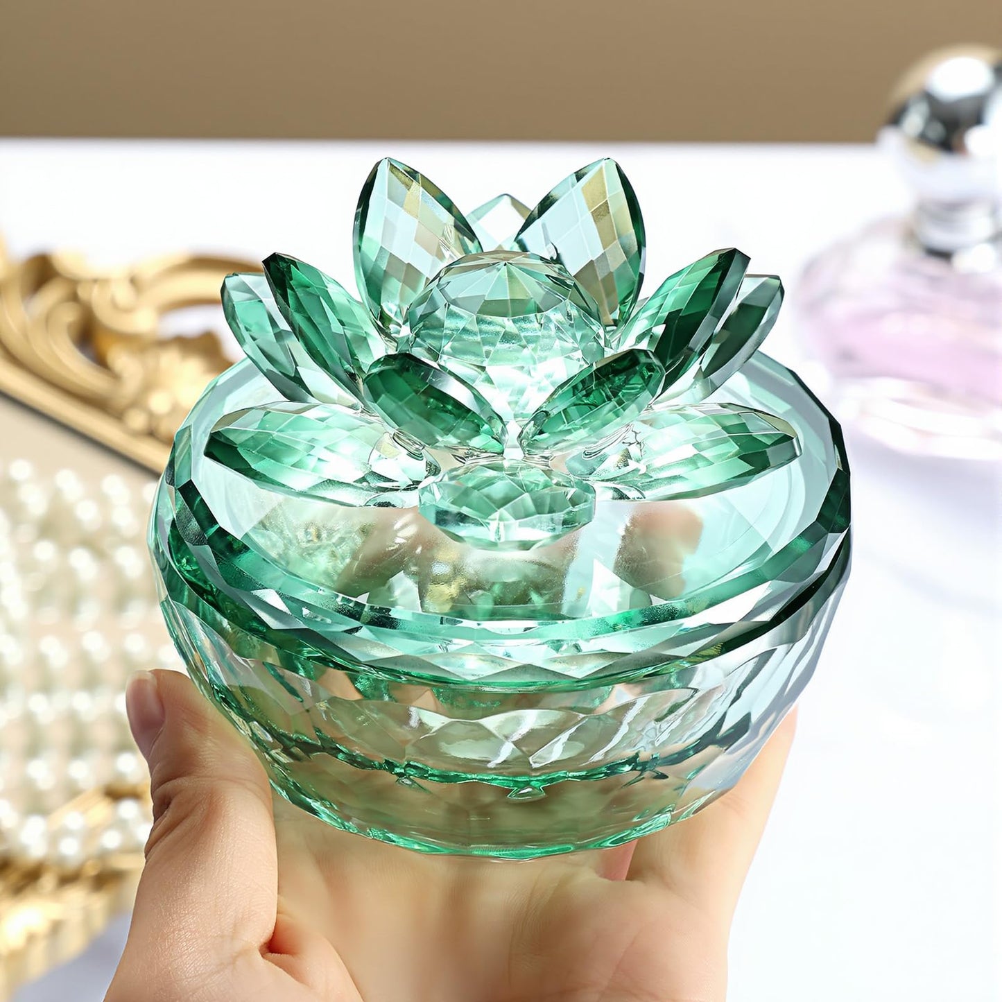 Dounx Crystal Jewelry Box, Small Glass Trinket Jar with Lid, Clear Lotus Flower Storage Holder for Women, Elegant Organizer Dish for Ring, Earrings, Necklace, Gift (Green)