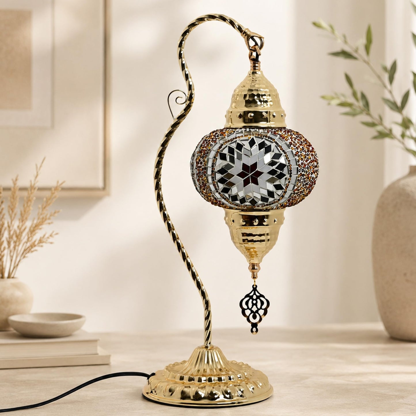 GOGERS Turkish Mosaic Table Lamp, Moroccan Style Swan Neck Bedside Lamp with Handmade Glass Shade, LED Bulb Included, Warm Ambient Decorative Accent Lamp for Bedroom, Living Room, Nightstand (Brown)