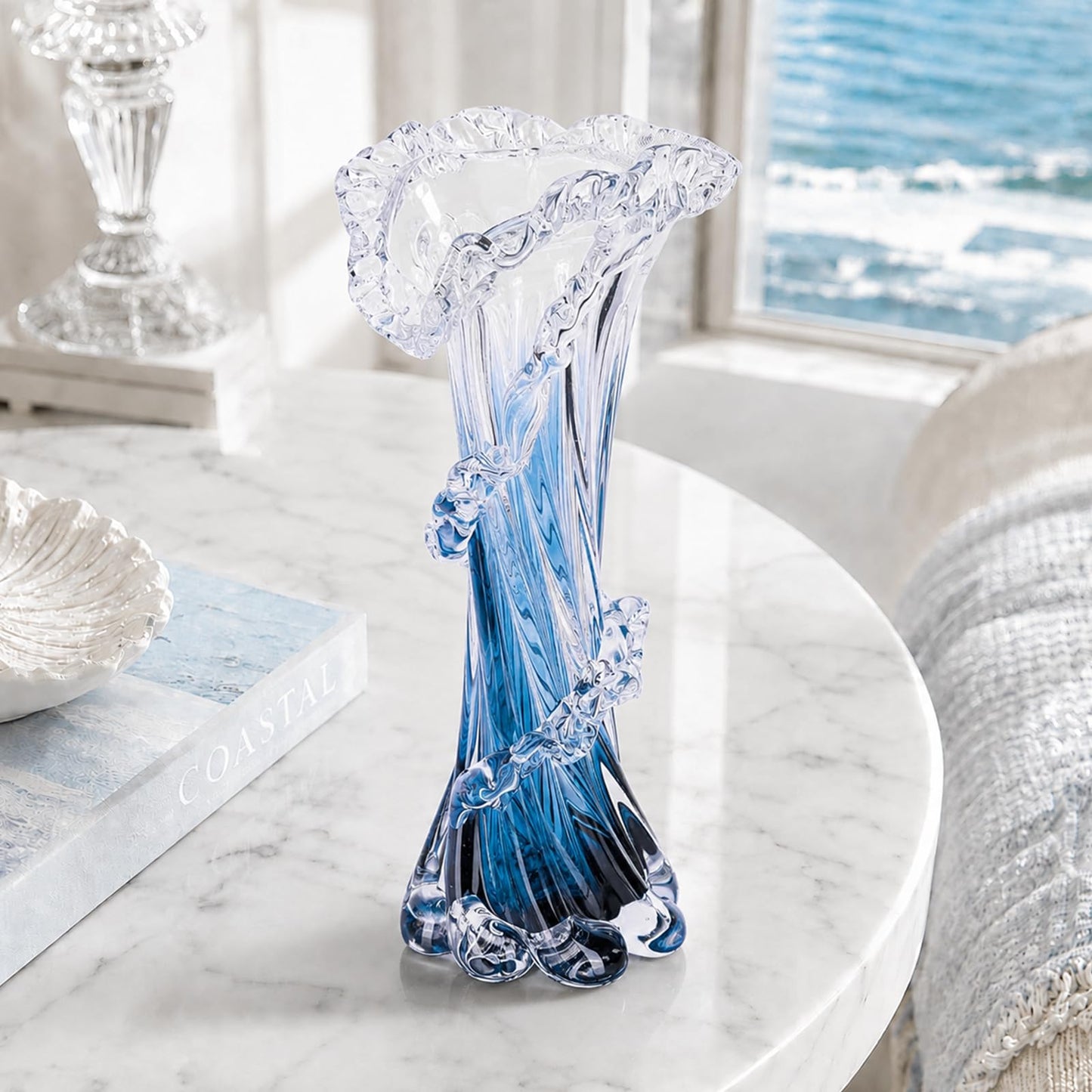 12" H Blue Blown Glass Vase, Modern Art Hand Blown Coastal Vase,Beautiful Unique Ocean Wave Centerpieces for Living Room, Bedroom, Office Desktop,Coffee Table and Wedding Decorative (L)