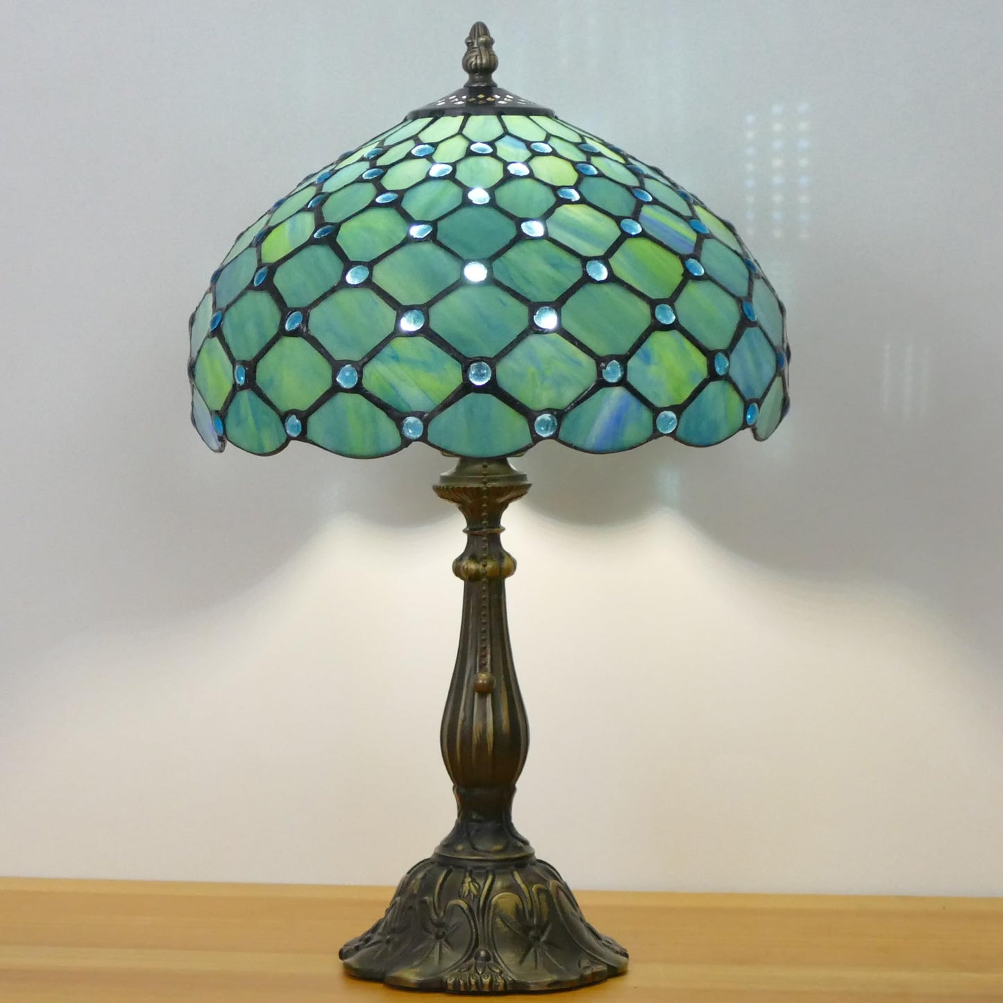 WFAYNTIFL Tiffany Table Lamp Stained Glass Sea Blue Pearl Style W12H19 Inch