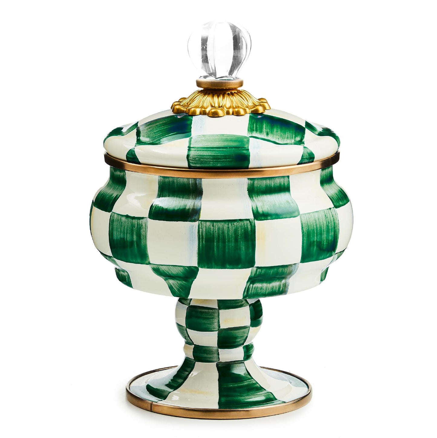 MACKENZIE-CHILDS Enamel Curiosity Pot, Decorative Container for Home Decor, Green-and-White Emerald Check