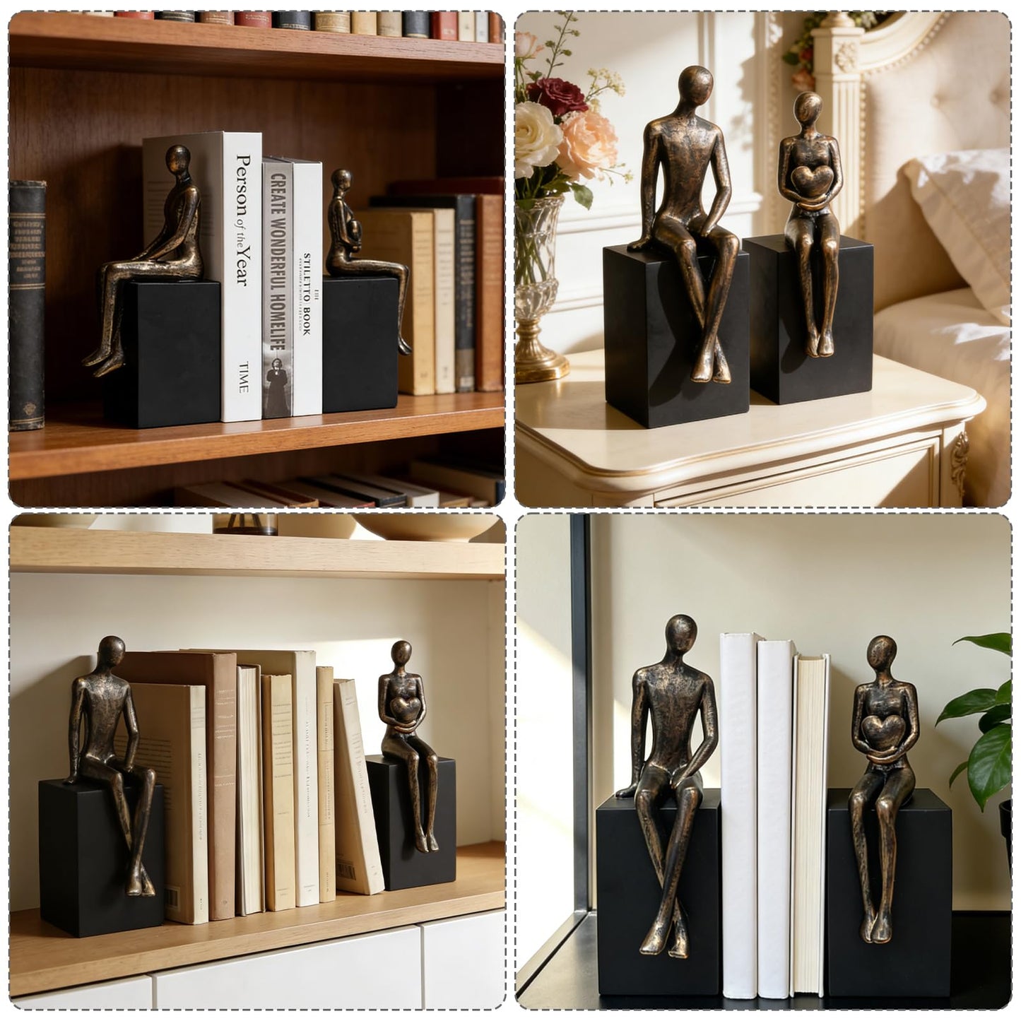 Heavy Duty Book Ends for Shelves,Iron Decorative Bookends,Reading Couple Figurine Bookends for Shelves,Non-Slip Book Holder, Modern Creative Office Company Bookends Ornament Decorations