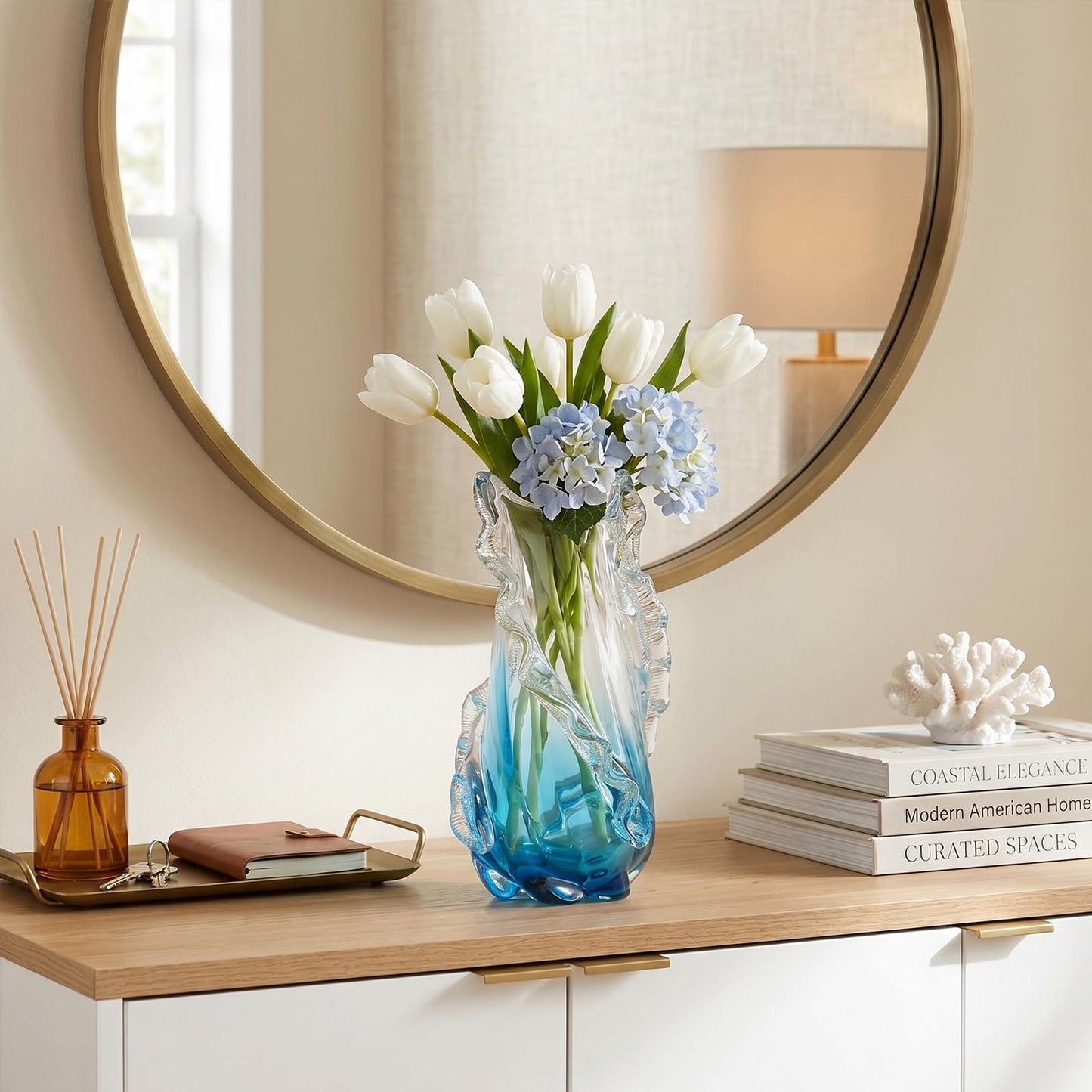 oliruim 12" H - Blown Blue Glass Vase, Unique Art Hand Blown Glass Vases for Coastal Home Decor Centerpiece, for Tabletop Shelf Mantel Entryway Room (Large)