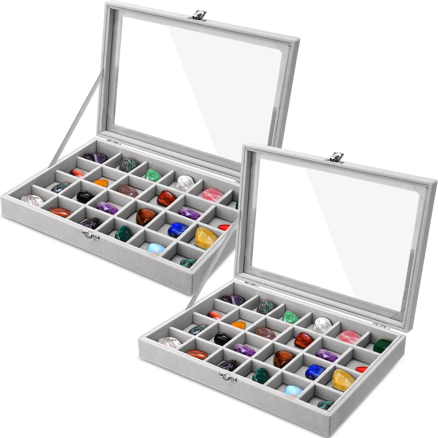 Misdary 2 Pack Rock Collection Box for Kids 24 Velvet Grid Rock Display Case Collectible Organize Your Gemstone in 24 Grid Crystal Holder for Stone Display with Glass Lid