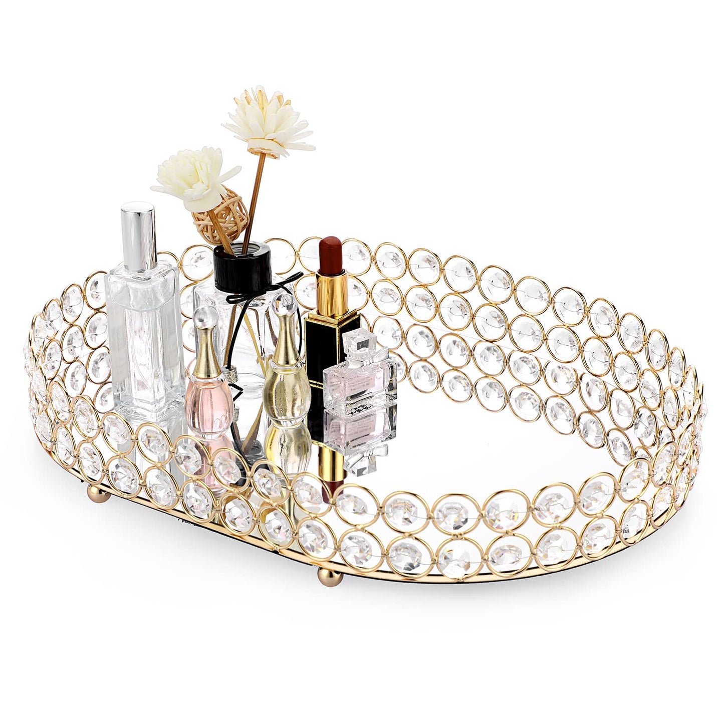 Hipiwe Crystal Vanity Tray Mirrored Dresser Perfume Trays for Makeup Tray Cosmetic Skin Care Storage, Jewelry Trinket Organizer Tray for Bathroom Countertop Home Decor (Large, Gold)