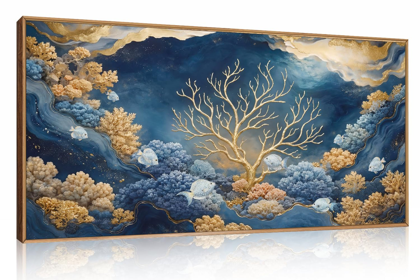 HPNIUB Blue Dreamy Underwater Framed Canvas Wall Art 40"x20"